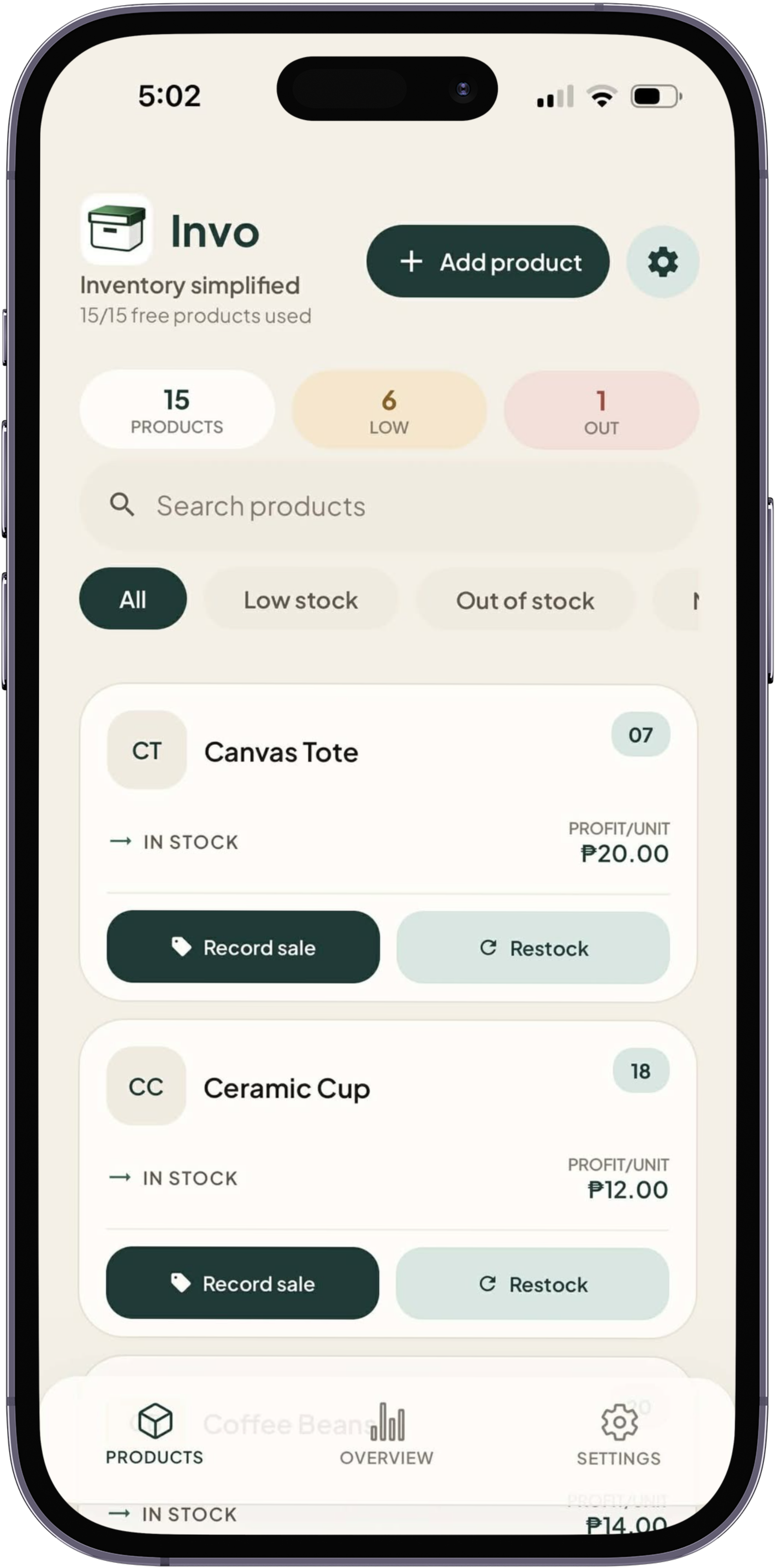 Product list screen in Invo
