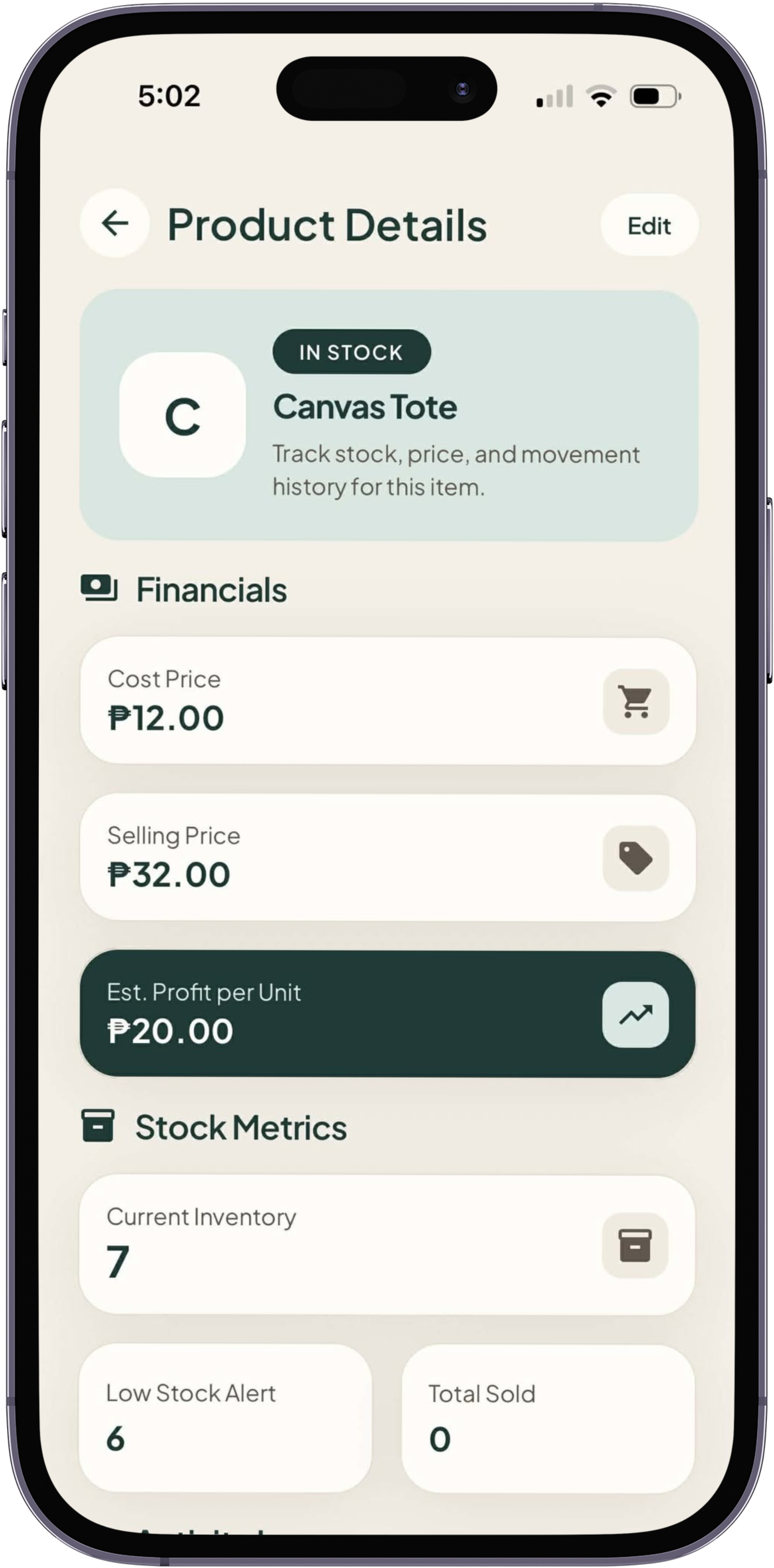 Product details screen in Invo