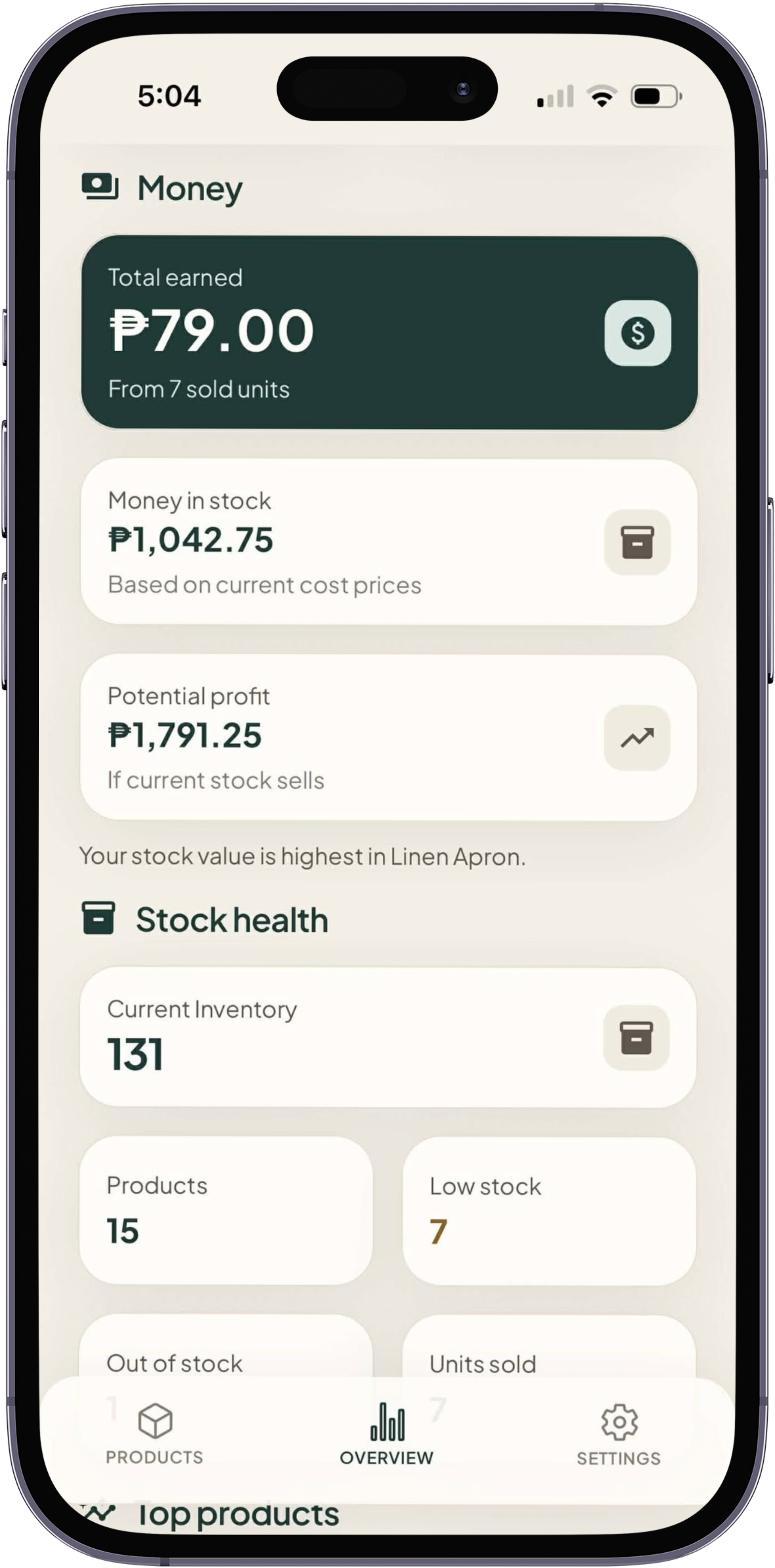 Product insights screen in Invo